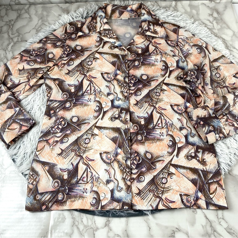 Vintage 70s Retro Abstract Print Polyester Button Down EUC